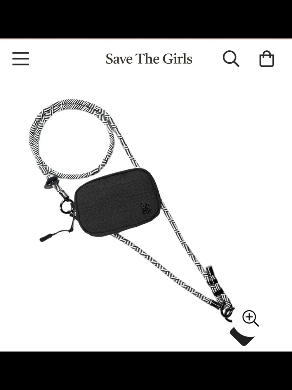 The Girls Black Crossbody Phone Pouch with Black & White Strap